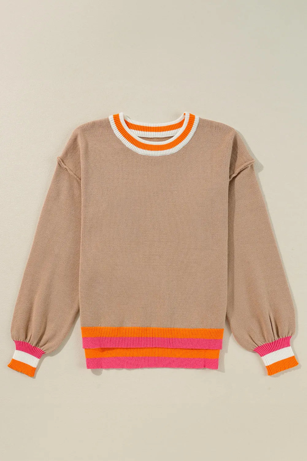 Contrast Round Neck Long Sleeve Sweater - Charming Charlie