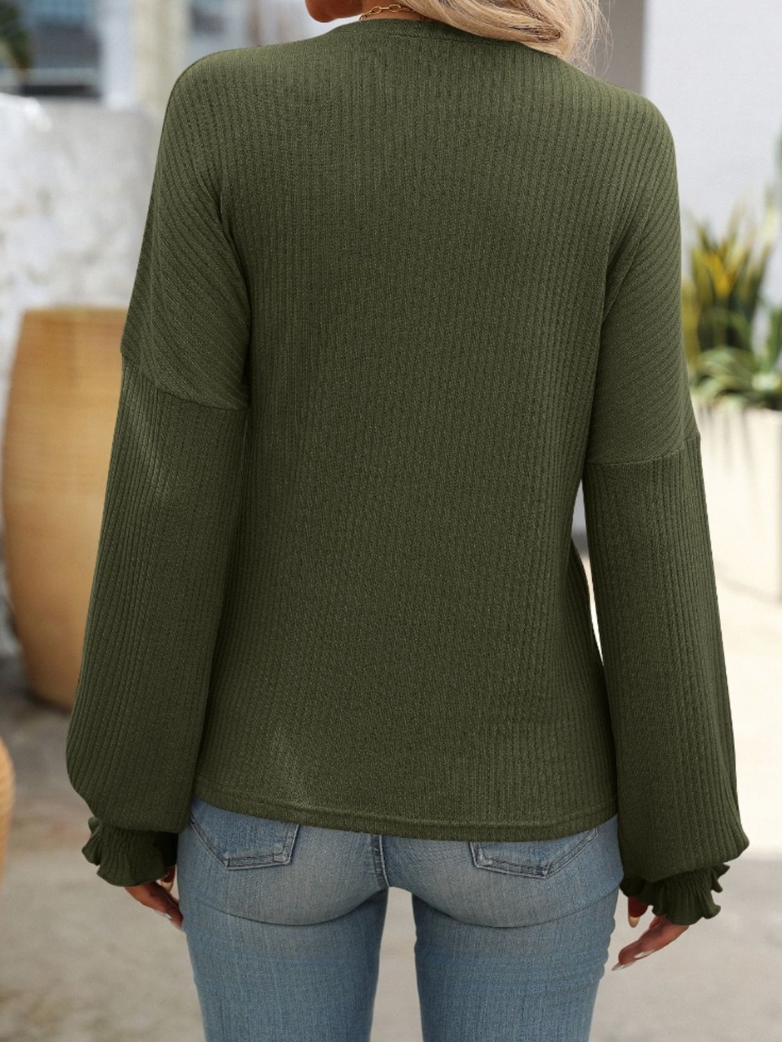 Ribbed Round Neck Long Sleeve T-Shirt - Charming Charlie