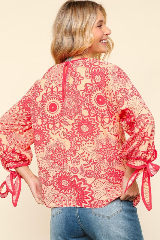 Haptics Ribbon Bow Detail Floral Round Neck Blouse - Charming Charlie