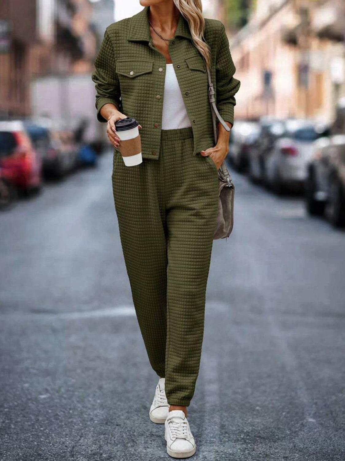 Plaid Texture Snap Down Top and Pants Set - Charming Charlie