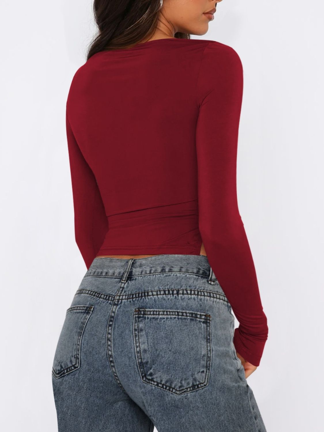 Tied Slit Round Neck Long Sleeve T-Shirt - Charming Charlie