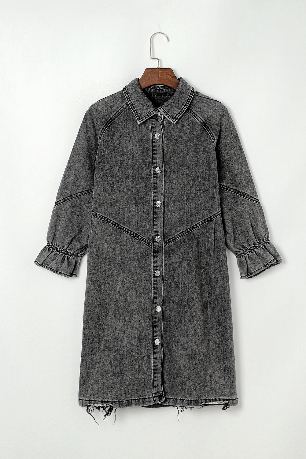 Distressed Collared Neck Flounce Sleeve Denim Dress - Charming Charlie