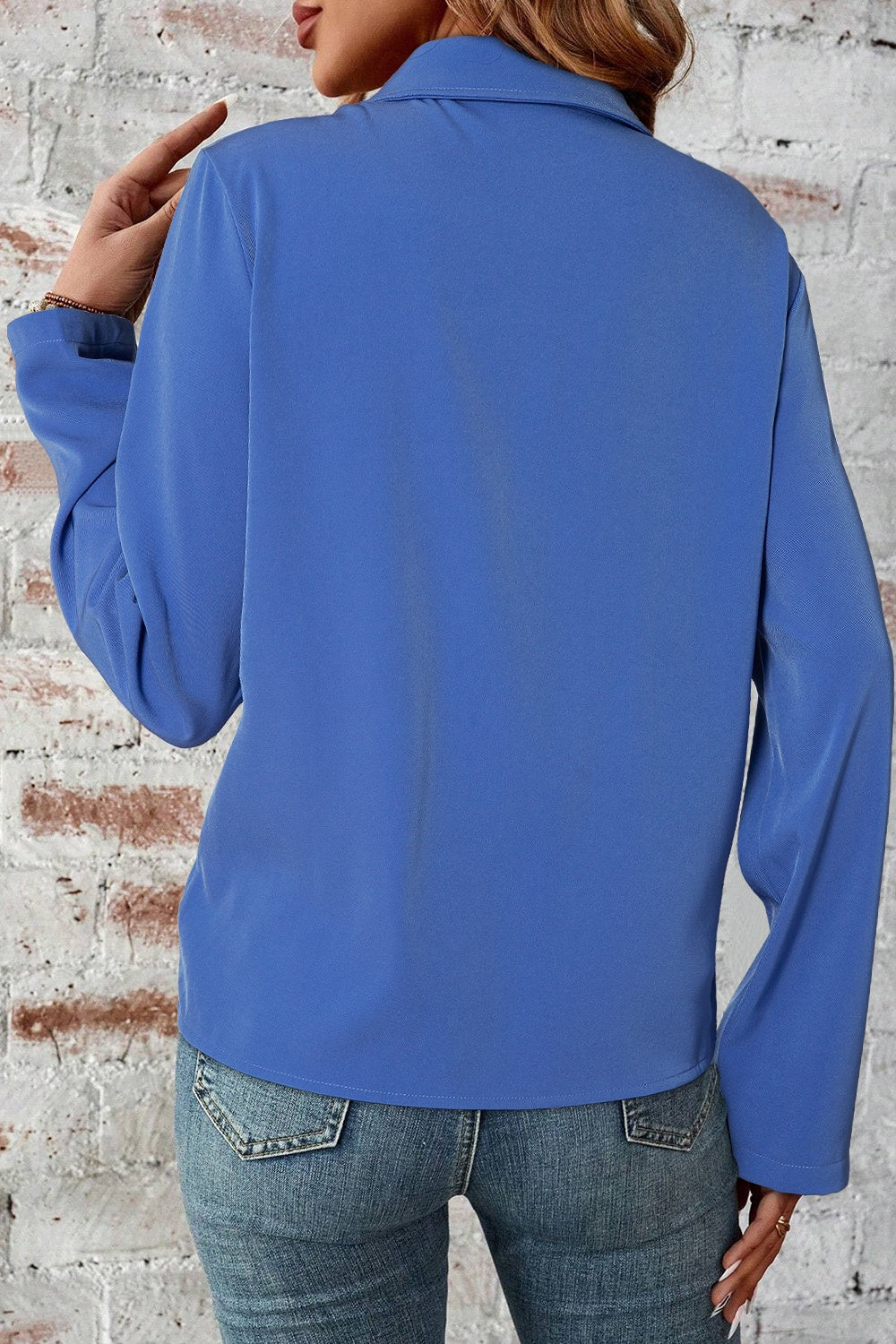 Pocketed Zip Up Collared Neck Long Sleeve Jacket - Charming Charlie