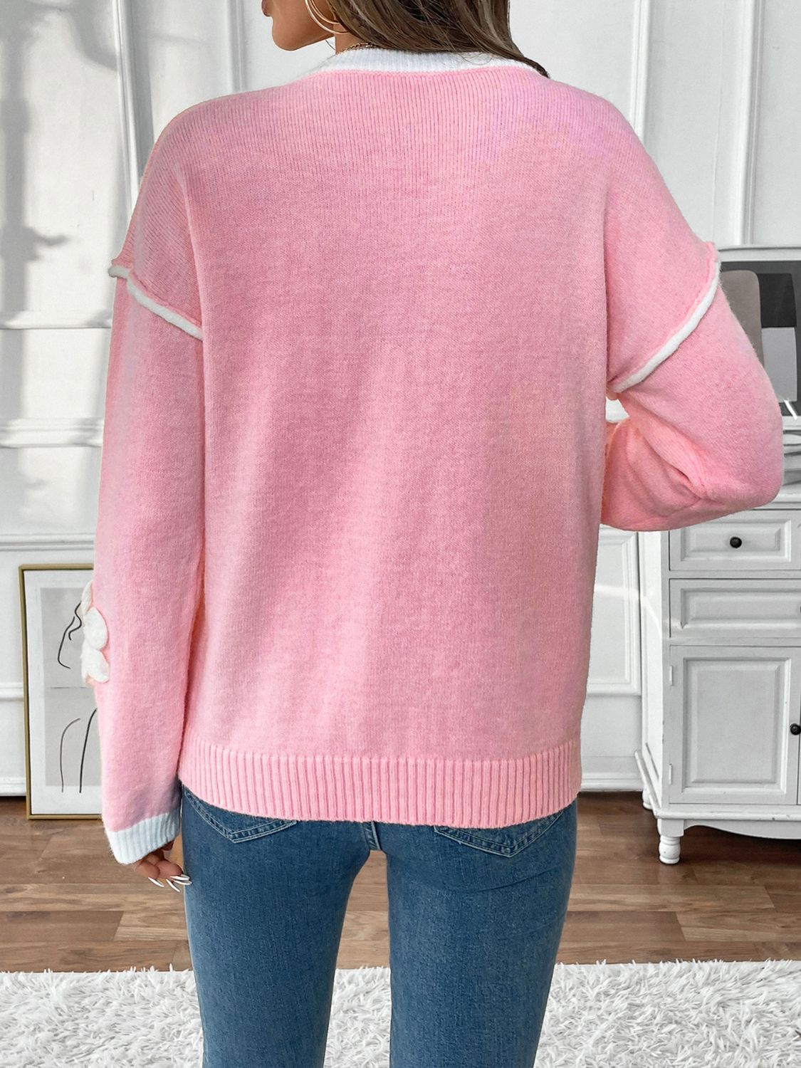 Perfee Flower V-Neck Long Sleeve Sweater - Charming Charlie