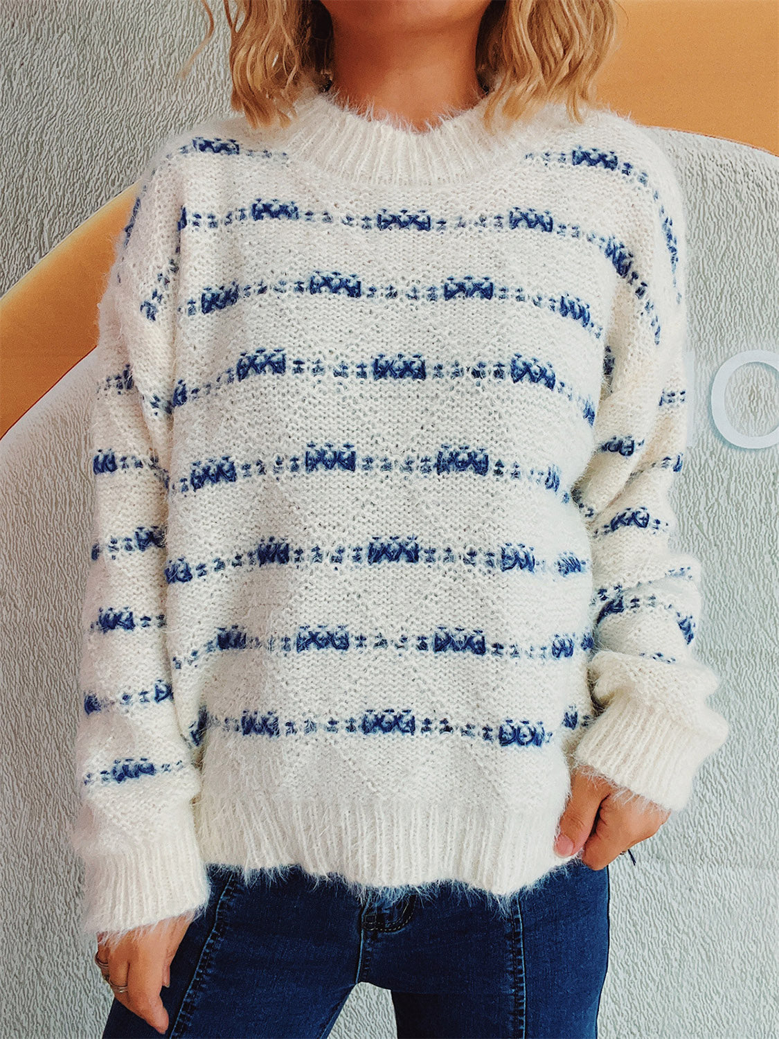 Striped Round Neck Long Sleeve Sweater - Charming Charlie