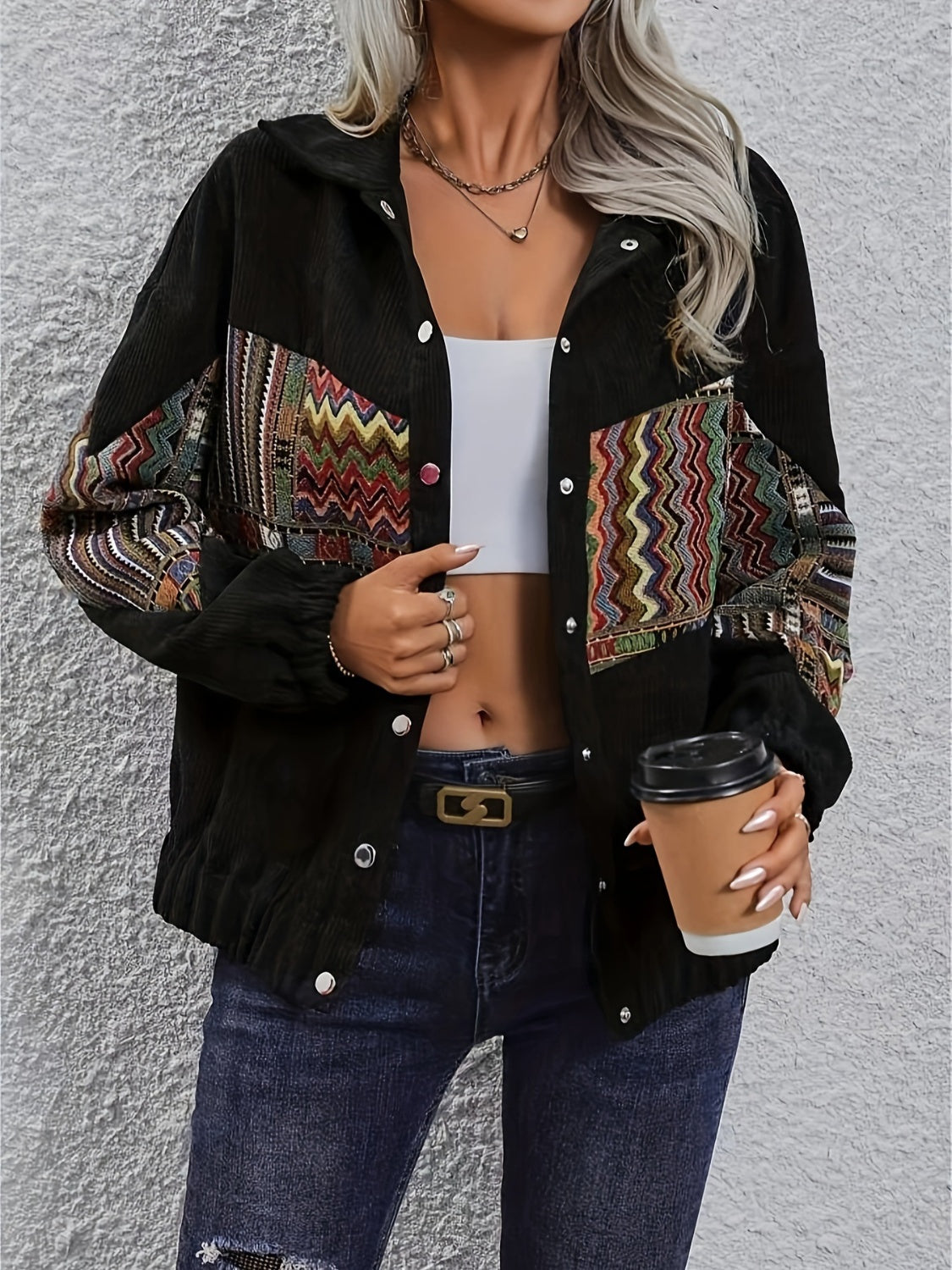 Embroidered Collared Neck Snap Down Jacket - Charming Charlie