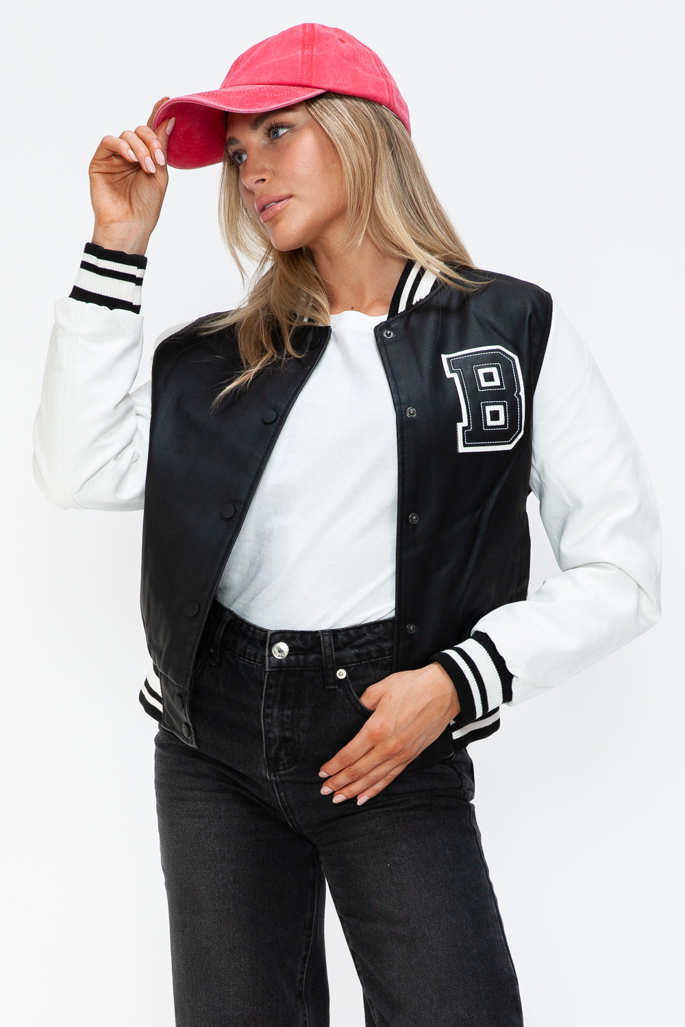 Love Me Now PU Leather Contrast Snap Down Bomber Jacket - Charming Charlie
