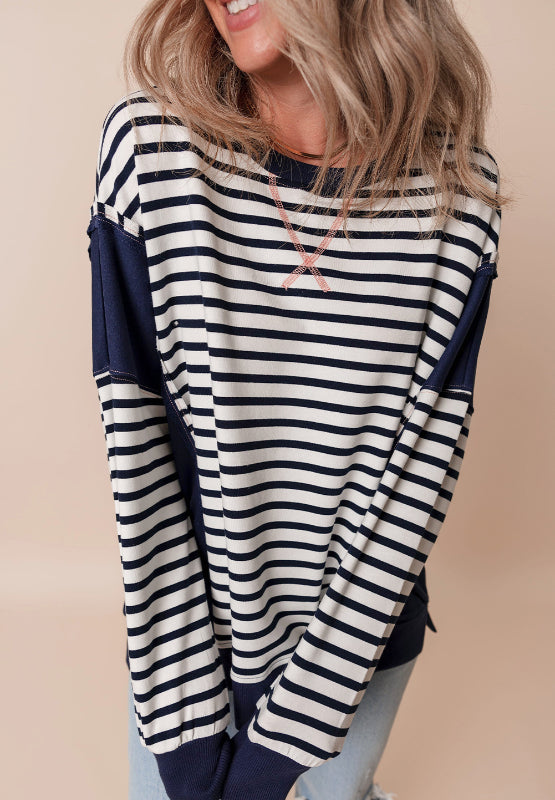 Exposed Seam Striped Long Sleeve Sweatshirt - Charming Charlie