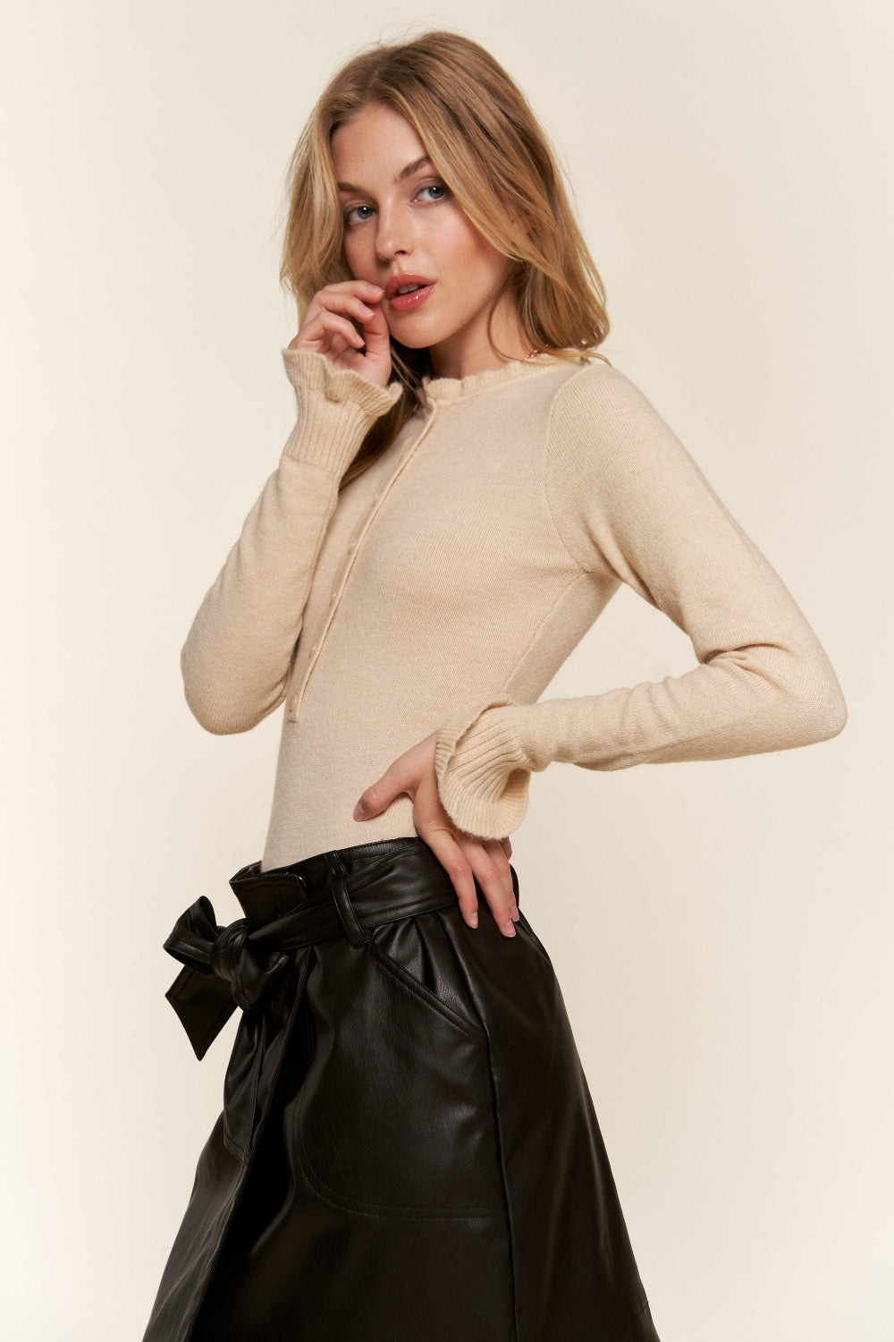 And The Why Half Button Round Neck Long Sleeve Bodysuit - Charming Charlie