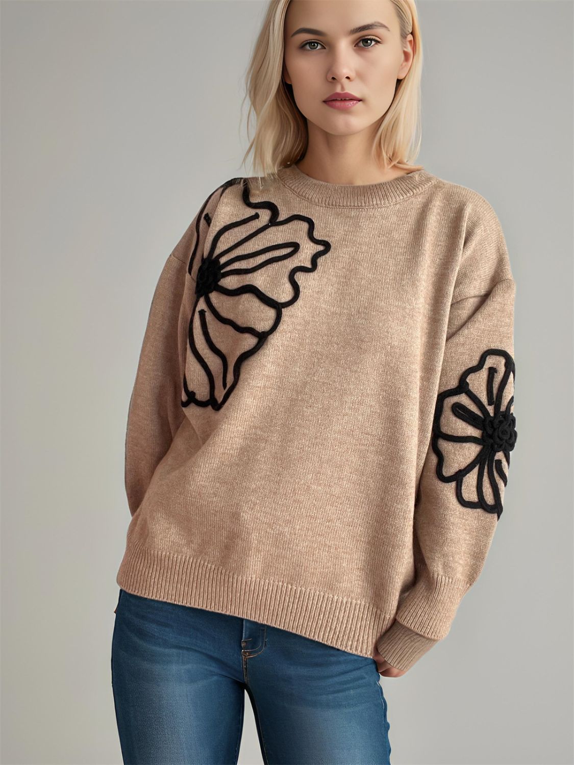Flower Round Neck Long Sleeve Sweater - Charming Charlie