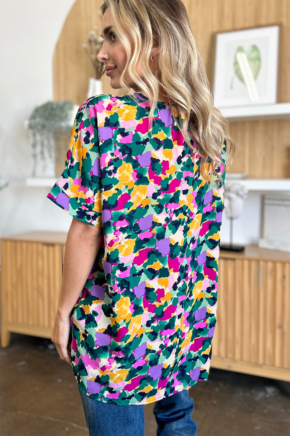 Double Take Full Size Printed V-Neck Short Sleeve Side Slit Top - Charming Charlie