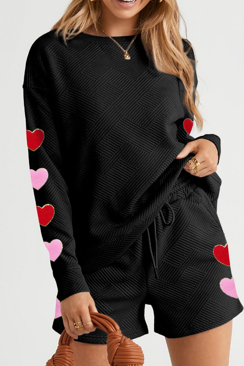 Heart Texture Round Neck Top and Drawstring Shorts Set - Charming Charlie