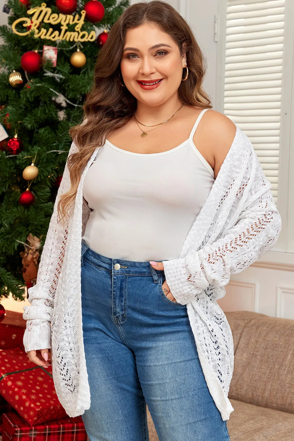 Plus Size Openwork Open Front Long Sleeve Cardigan - Charming Charlie