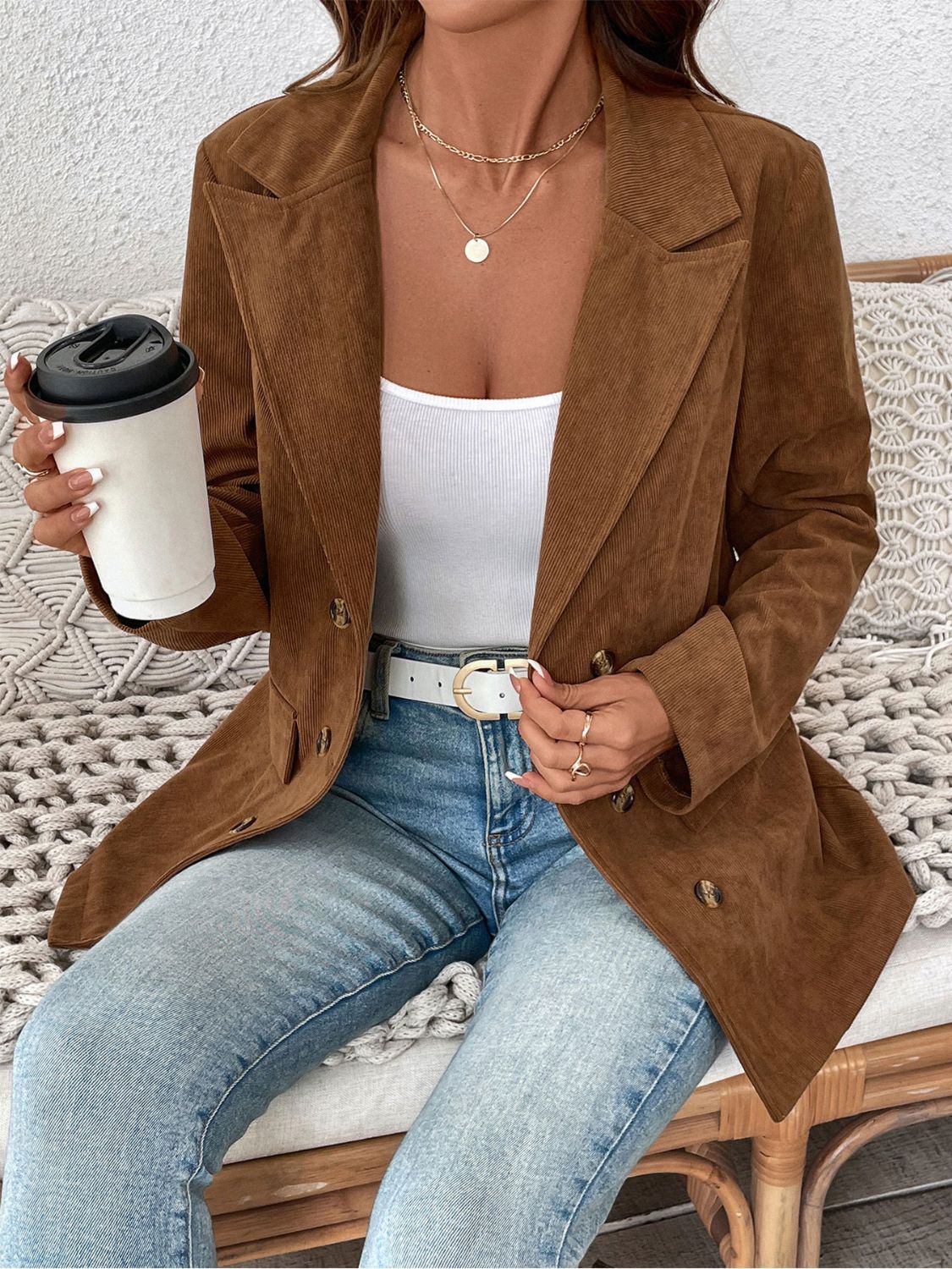 Perfee Decorative Pocket Flap Lapel Collar Long Sleeve Outerwear - Charming Charlie