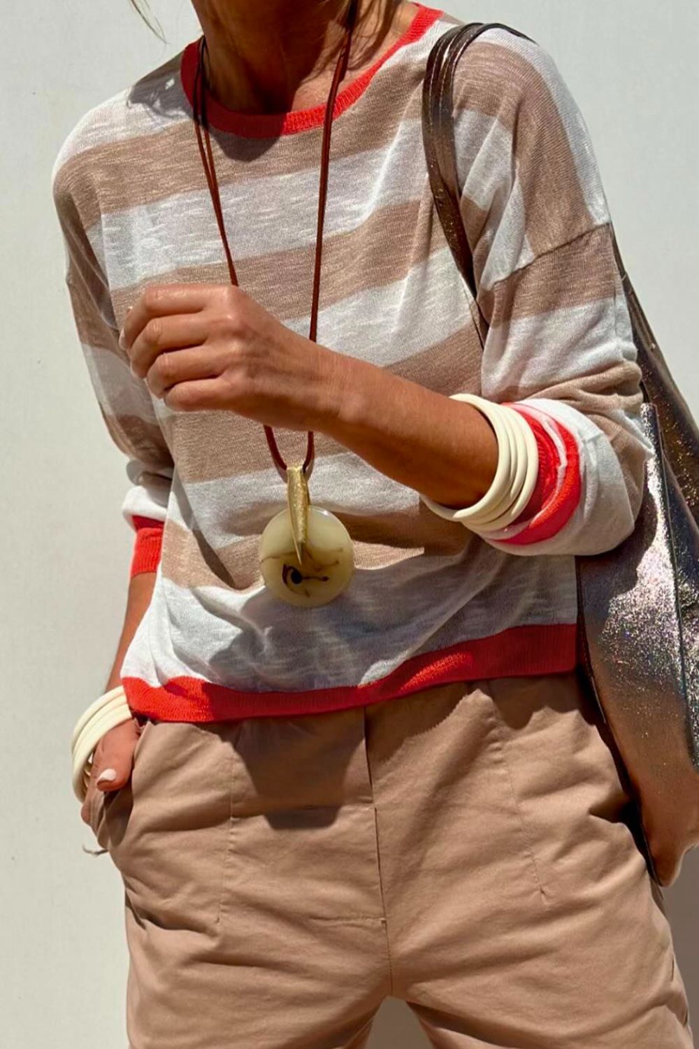 Contrast Striped Round Neck Drop Shoulder Knit Top - Charming Charlie