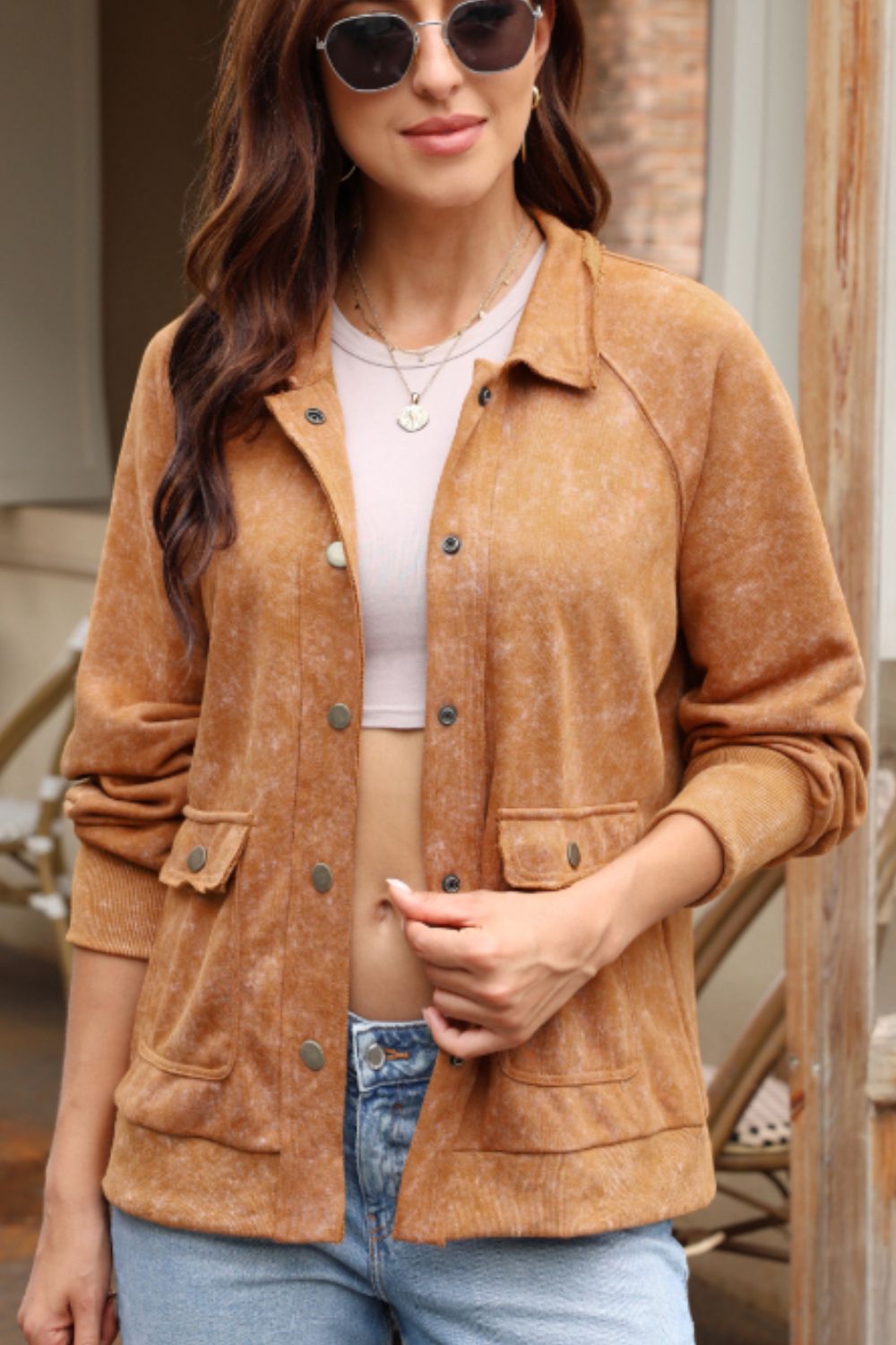 Snap Down Flap Pocket Long Sleeve Shacket - Charming Charlie