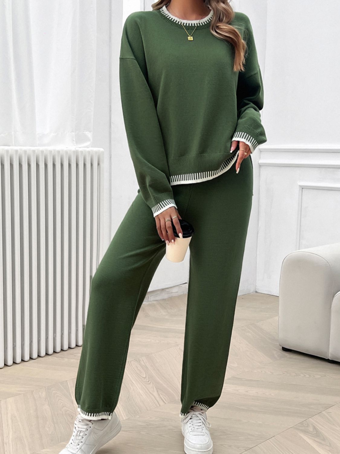 Round Neck Dropped Shoulder Top and Pants Sweater Set - Charming Charlie