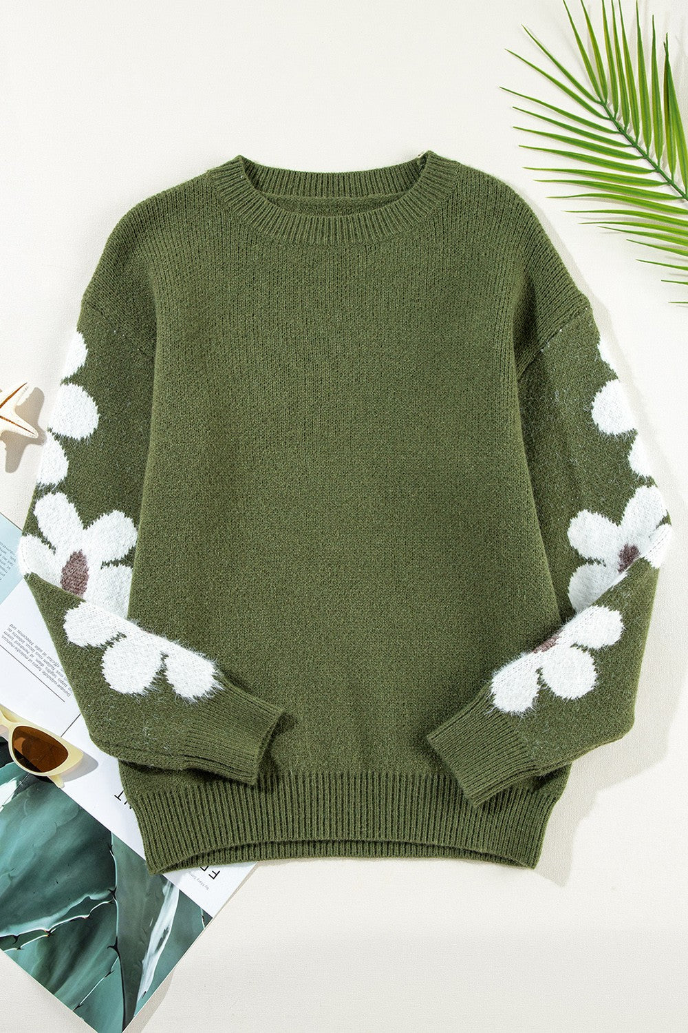 Flower Round Neck Long Sleeve Sweater - Charming Charlie
