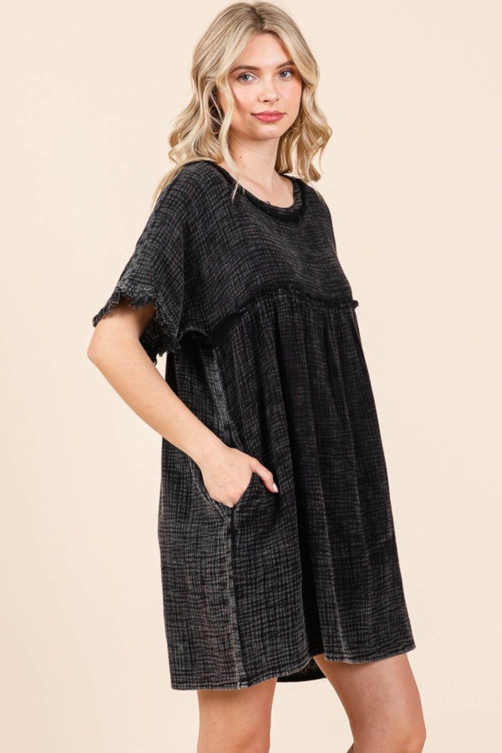 Culture Code Full Size Short Sleeve Babydoll Texture Dress with Pockets - Charming Charlie