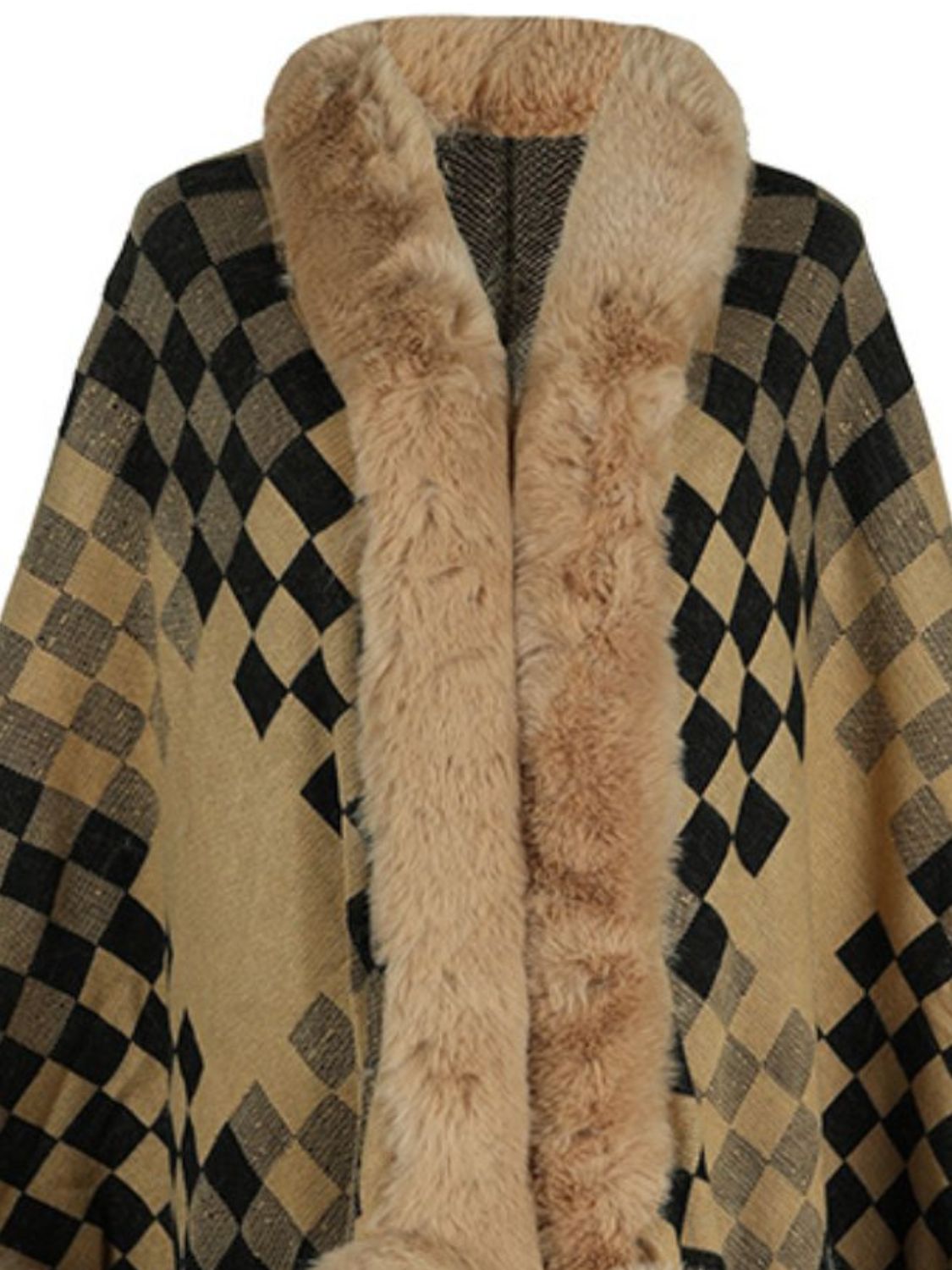 Fuzzy Checkered Long Sleeve Poncho - Charming Charlie