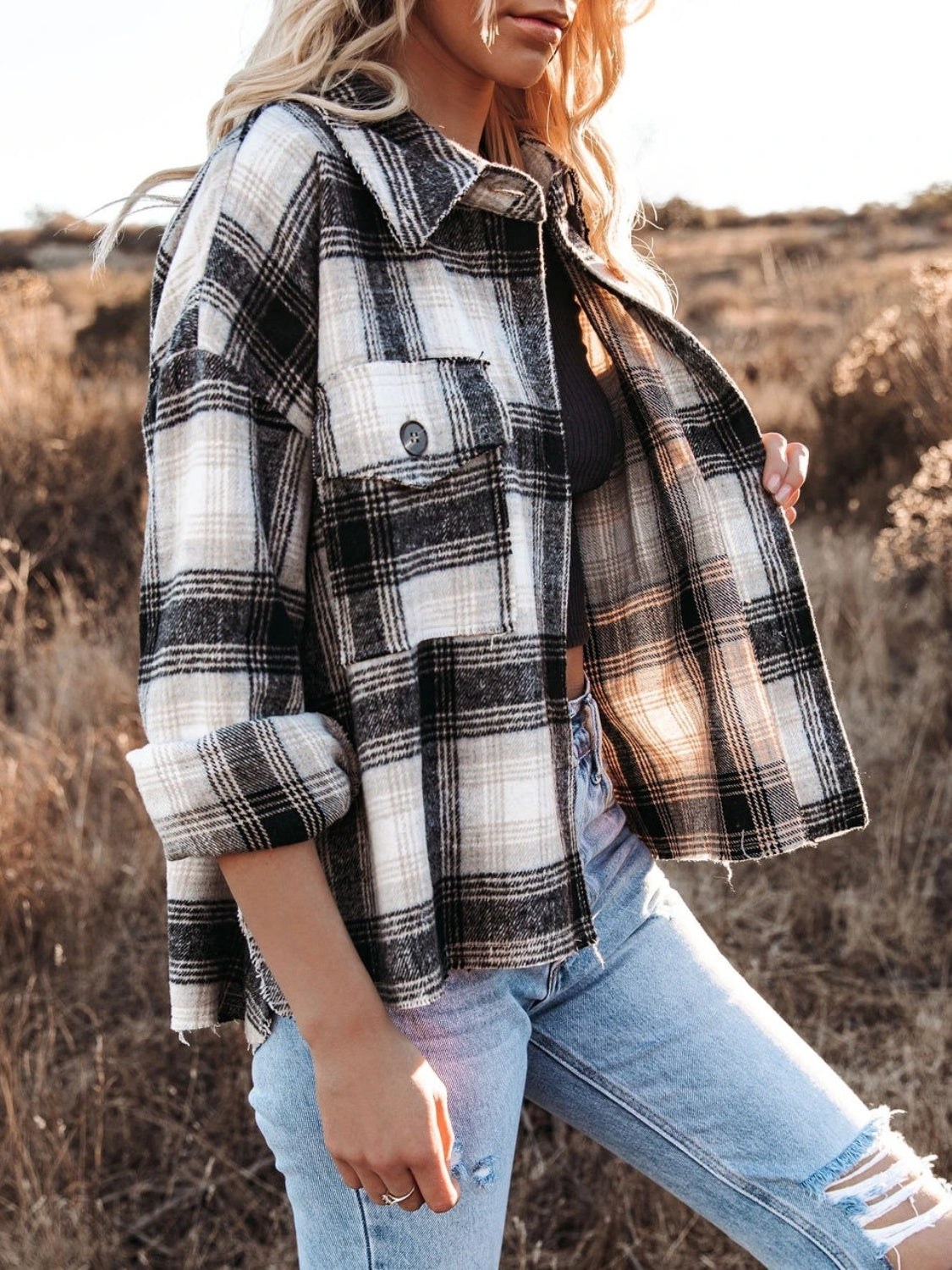 Pocketed Plaid Button Down Long Sleeve Shacket - Charming Charlie