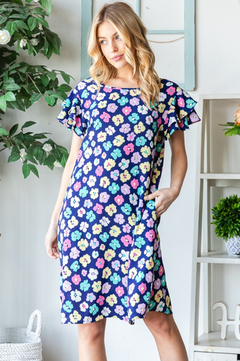 Heimish Full Size Floral Ruffled Short Sleeve Dress with Pockets - Charming Charlie
