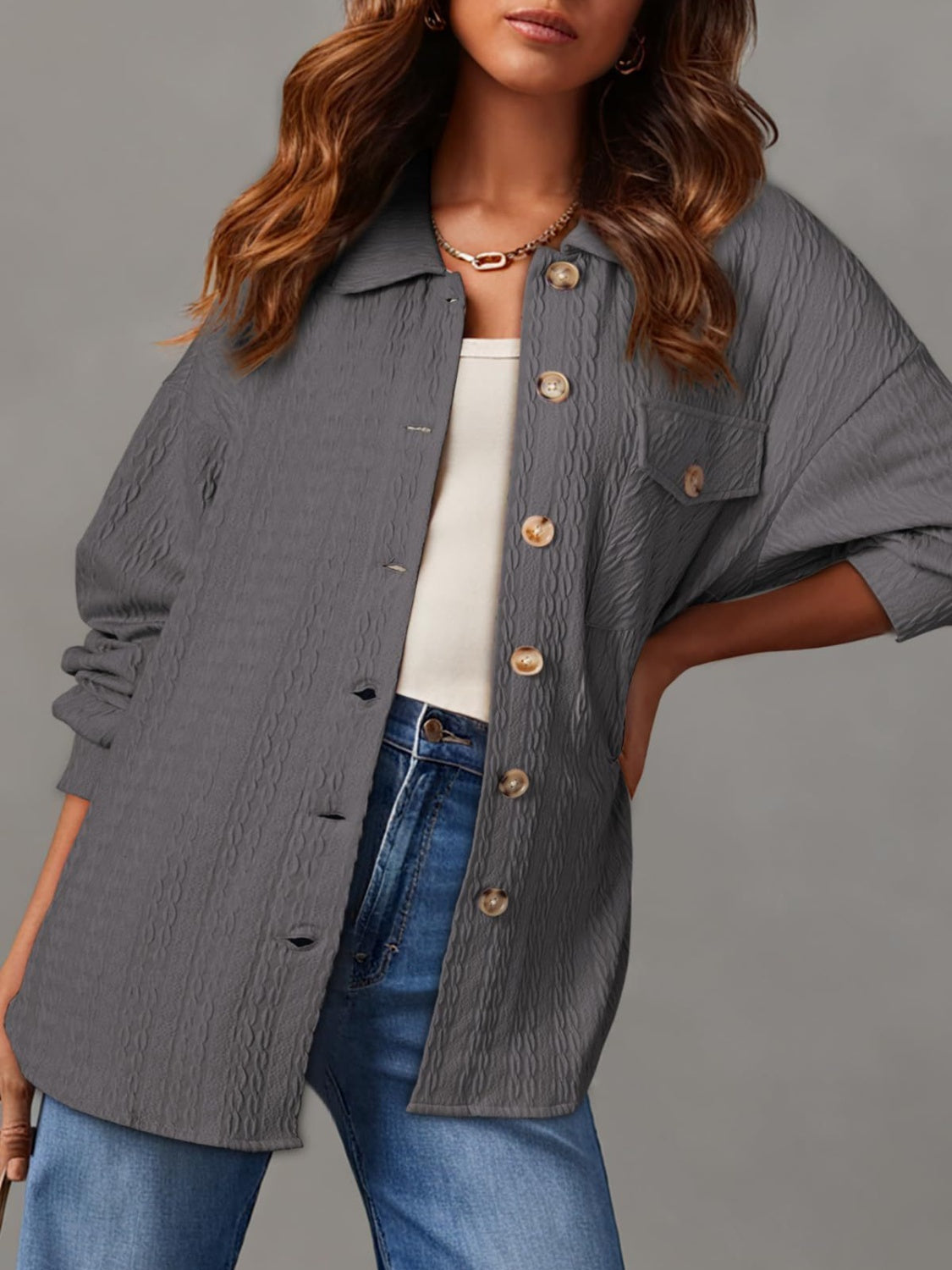 Textured Button Up Long Sleeve Shacket - Charming Charlie