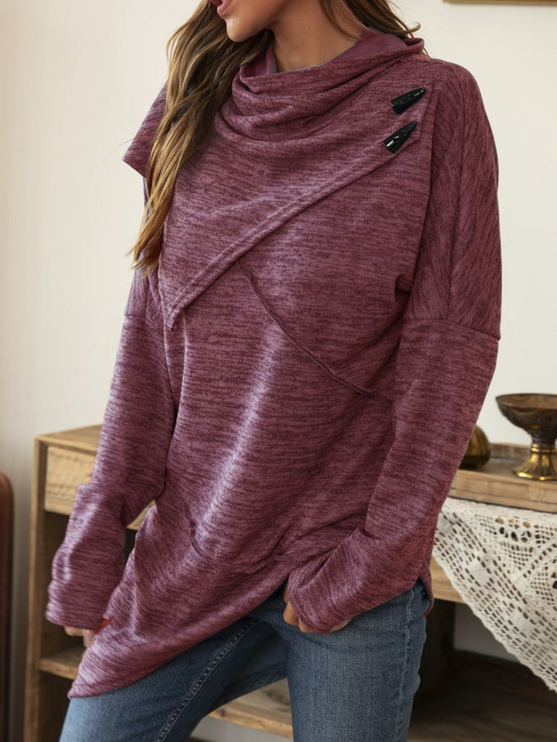 Asymmetrical Hem Cowl Neck Long Sleeve T-Shirt - Charming Charlie