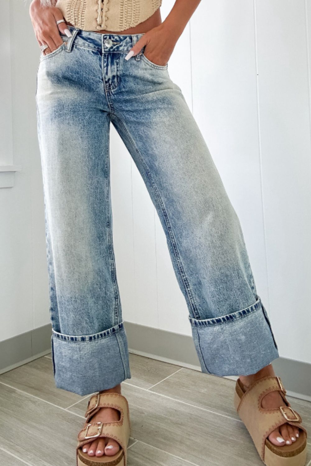 Washed Wide Leg Jeans with Pockets - Charming Charlie