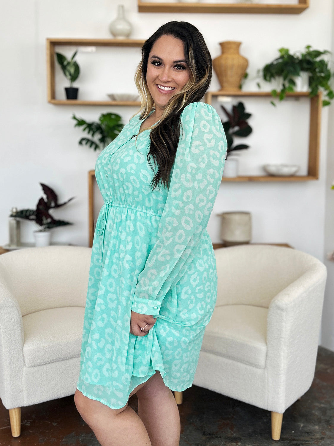 Double Take Full Size Printed Ruched V-Neck Long Sleeve Dress - Charming Charlie