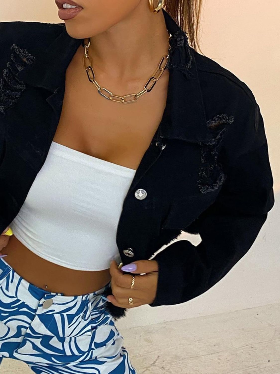 Distressed Collared Neck Long Sleeve Denim Top - Charming Charlie