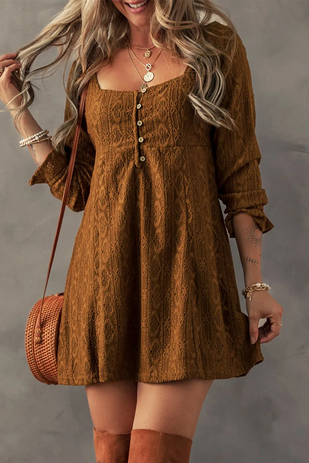 Textured Square Neck Mini Dress - Charming Charlie