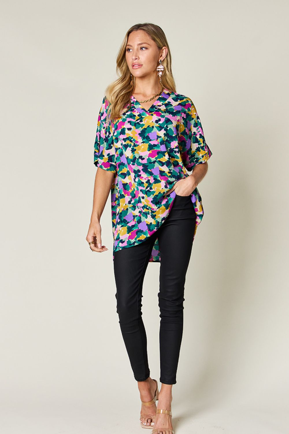 Double Take Full Size Printed V-Neck Short Sleeve Side Slit Top - Charming Charlie