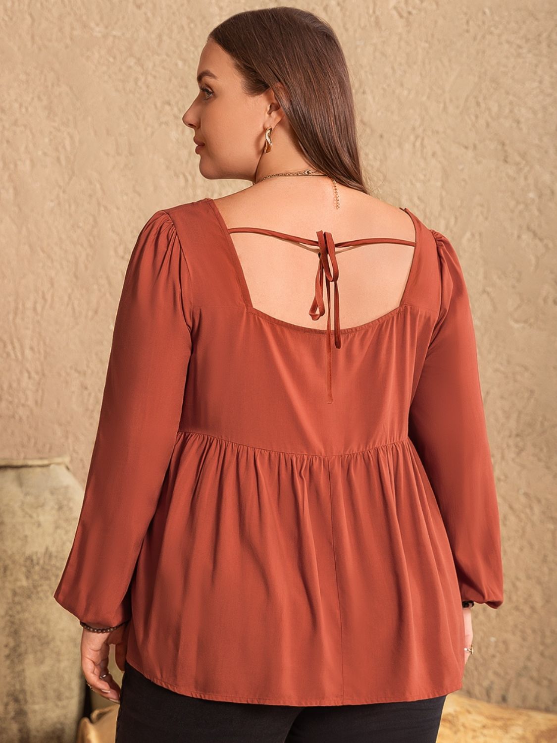 Plus Size Lace Detail Square Neck Long Sleeve Blouse - Charming Charlie