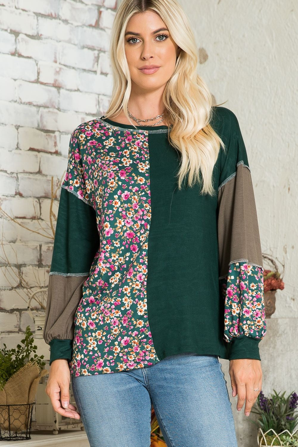 Celeste Full Size Floral Color Block Exposed Seam T-Shirt - Charming Charlie