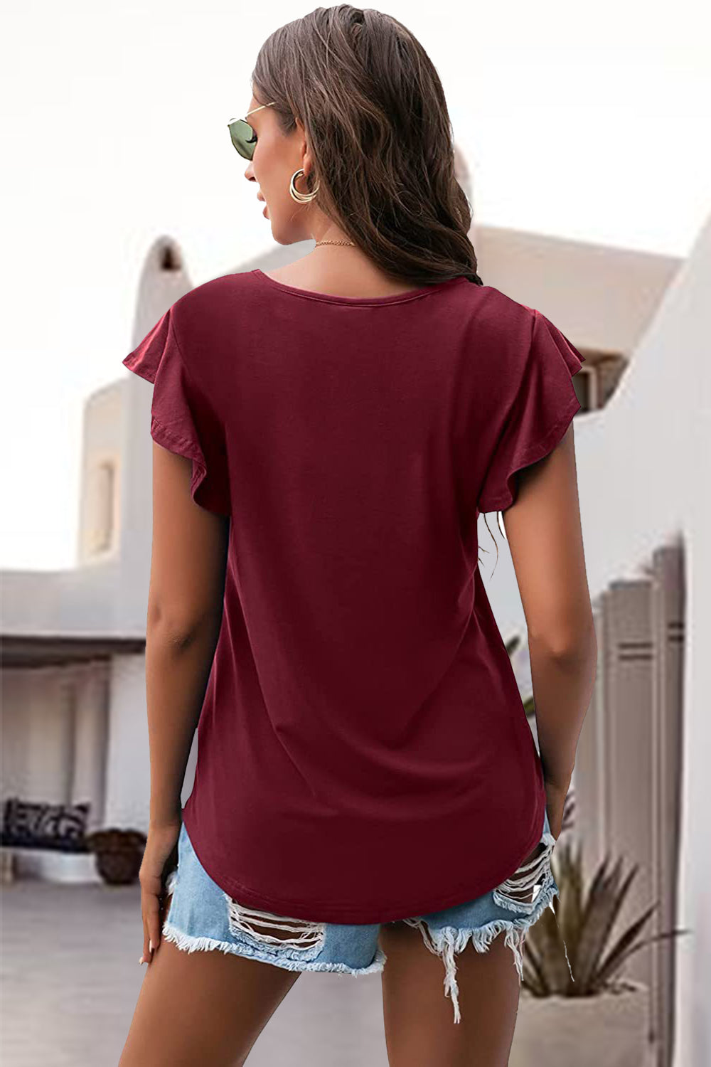 Ruffled Round Neck Cap Sleeve Blouse - Charming Charlie