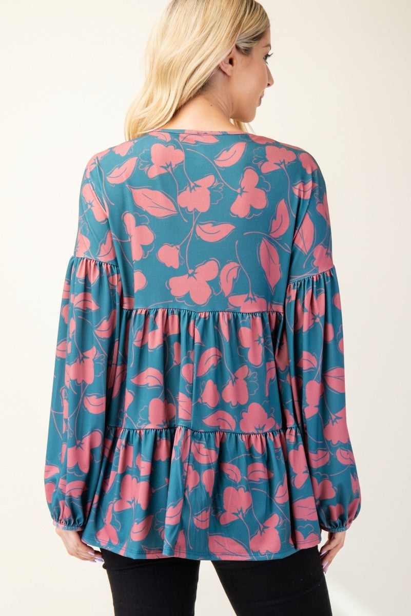 Celeste Full Size Tiered Floral V-Neck Long Sleeve Blouse - Charming Charlie