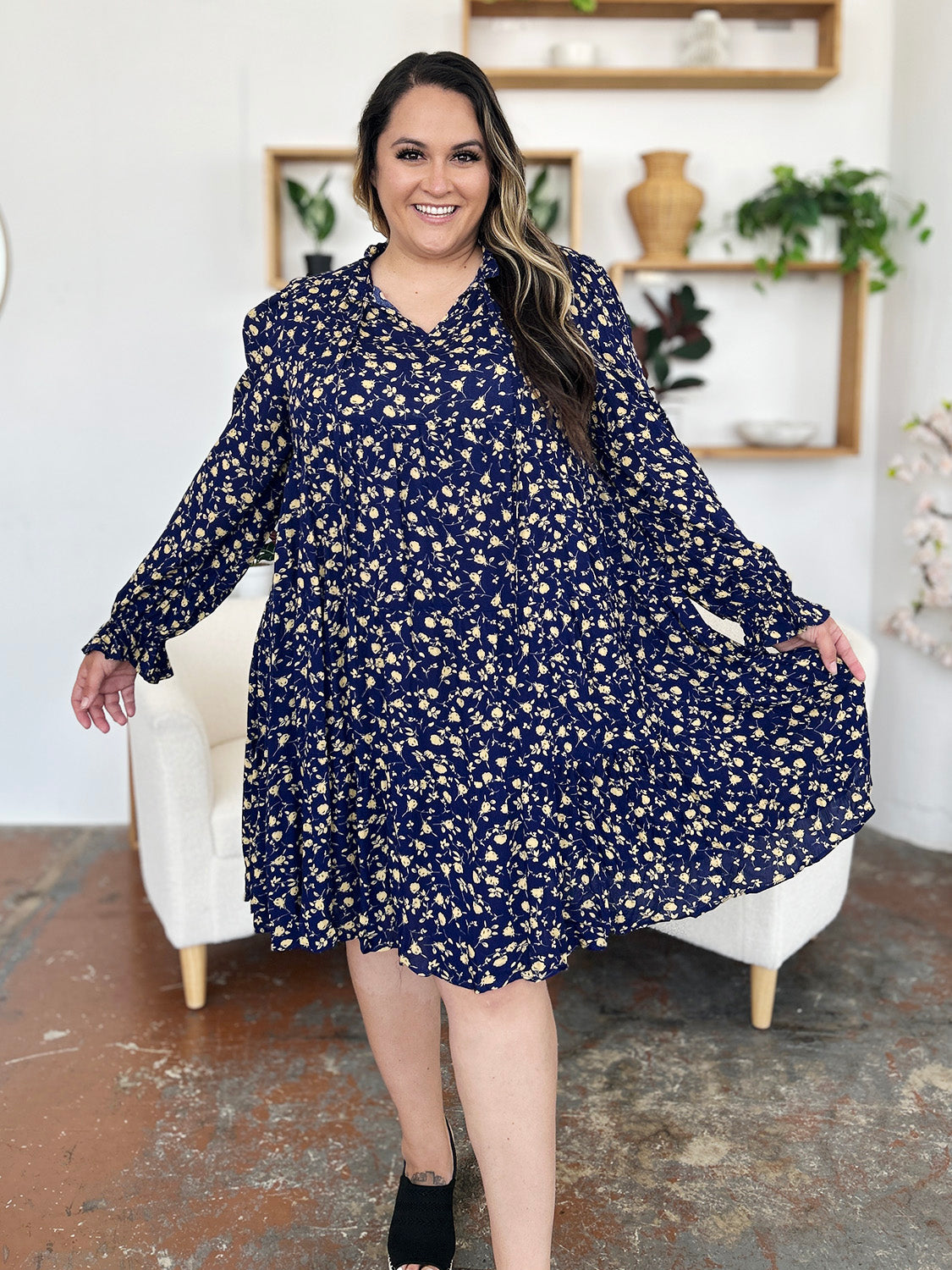 Double Take Full Size Printed Ruffle Hem Long Sleeve Tiered Dress - Charming Charlie