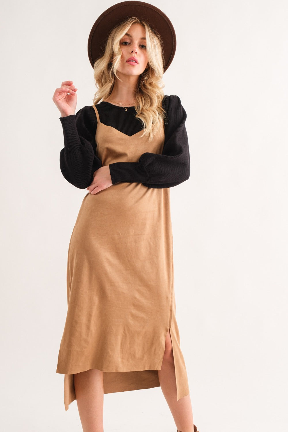 And The Why Faux Suede Cut Edge Slit Cami Midi Dress - Charming Charlie