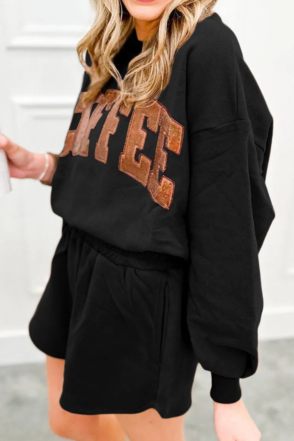 COFFEE Sequin Round Neck Long Sleeve Top and Shorts Set - Charming Charlie