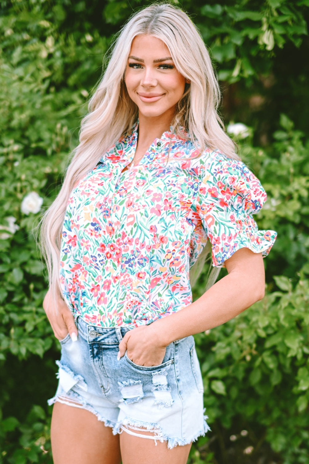 Printed Notched Short Sleeve Blouse - Charming Charlie