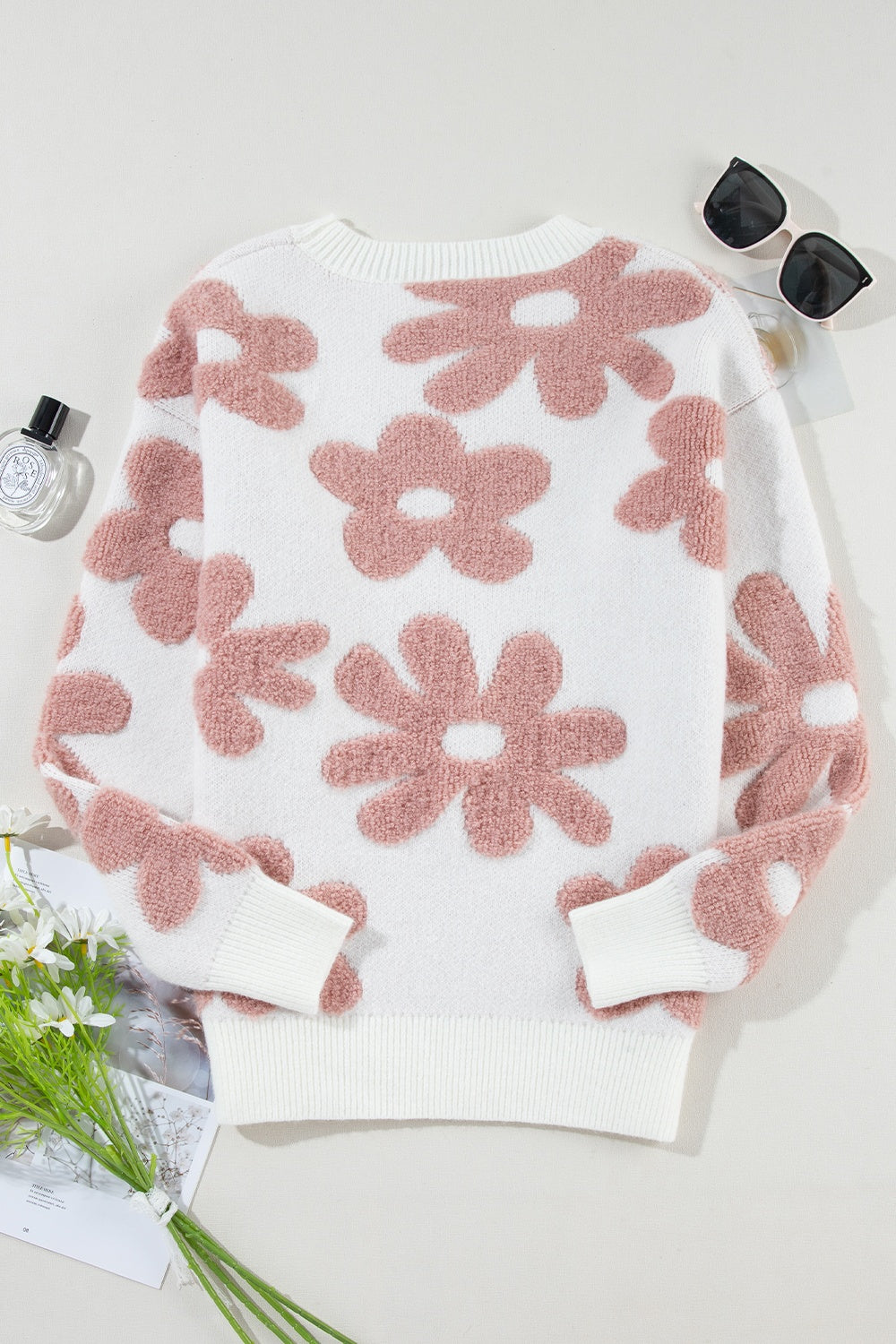 Flower Round Neck Long Sleeve Knit Top - Charming Charlie