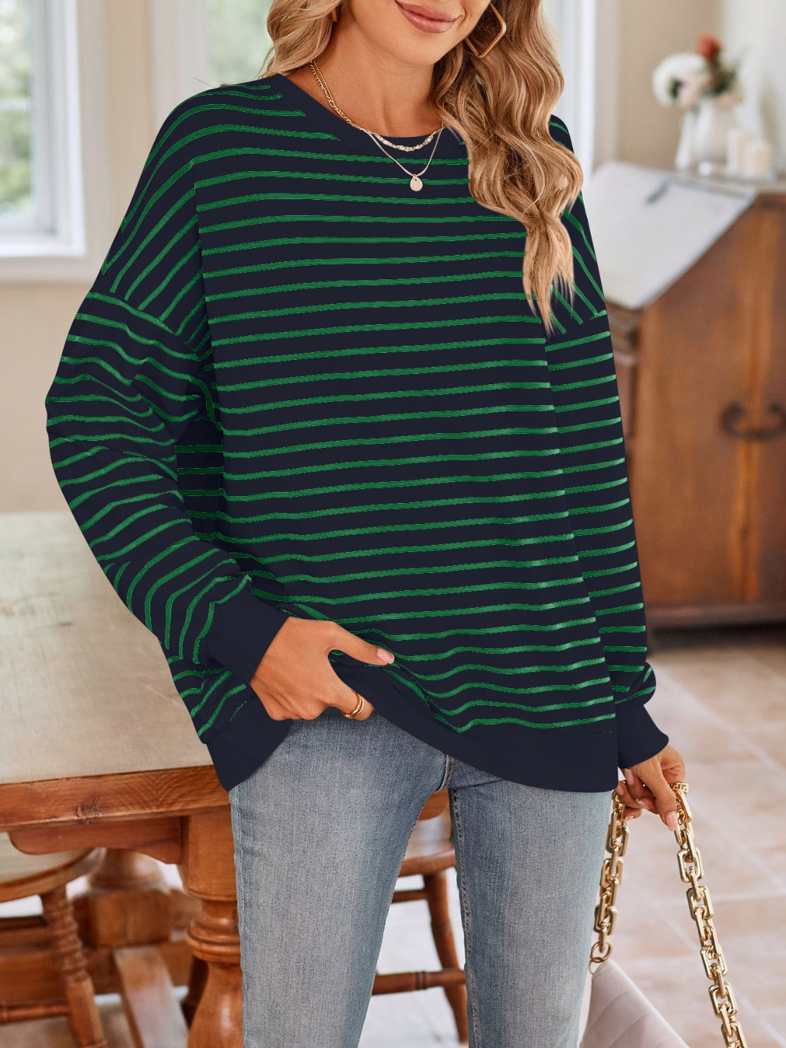 Striped Round Neck Long Sleeve Sweatshirt - Charming Charlie