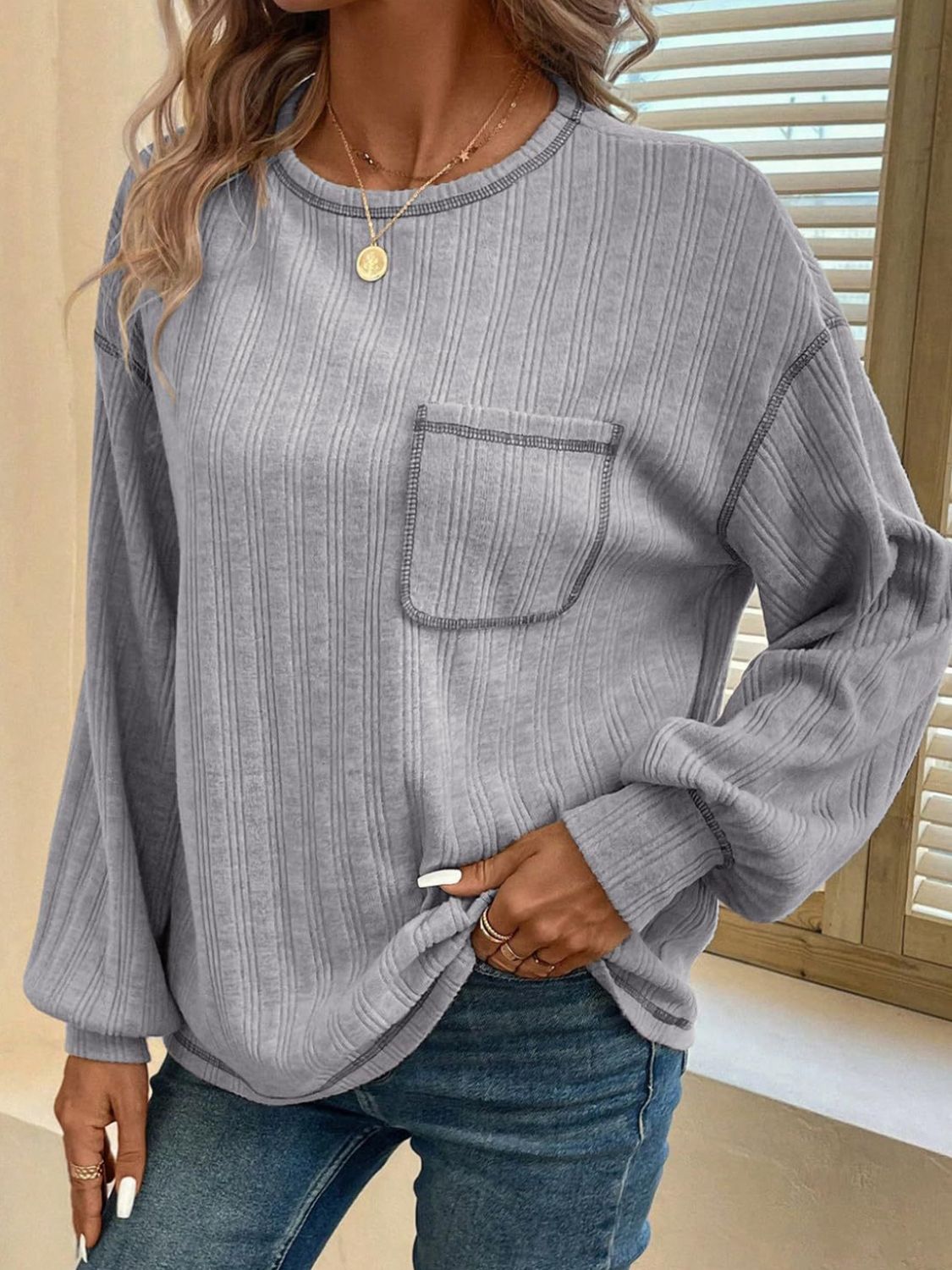 Mandy Contrast Stitching Round Neck Long Sleeve T-Shirt - Charming Charlie