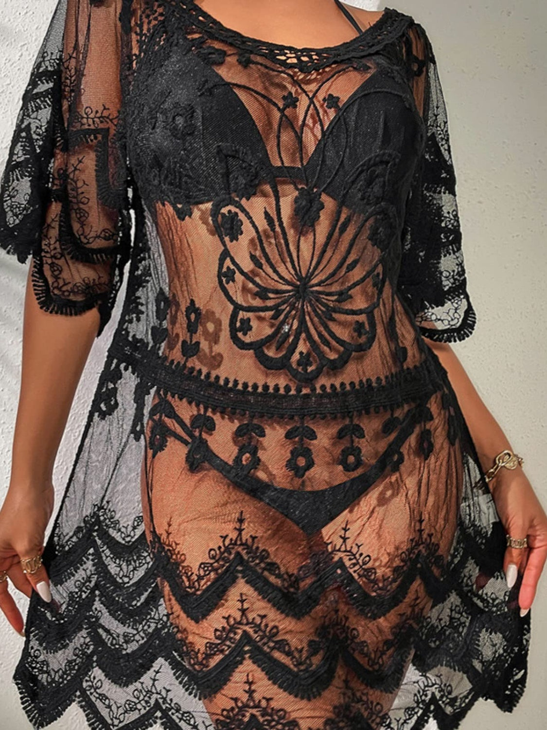 Lace Round Neck Half Sleeve Cover-Up - Charming Charlie