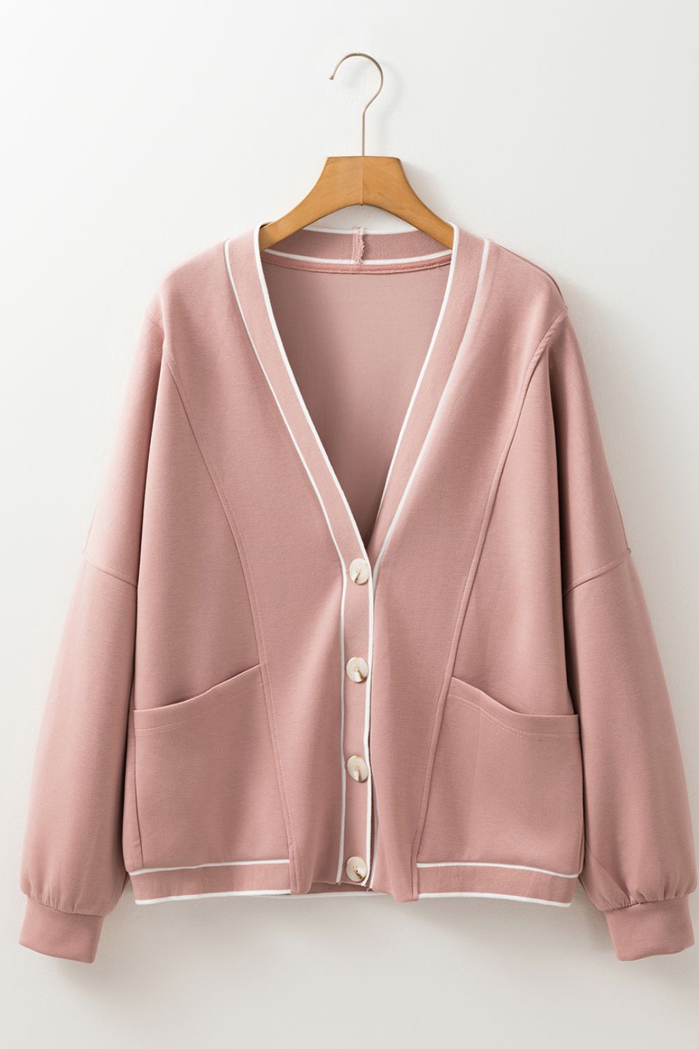 Contrast Trim V Neck Button Up Cardigan - Charming Charlie