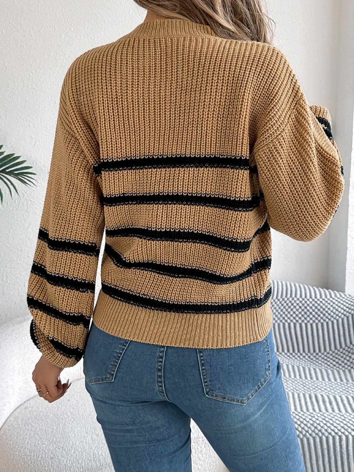 Striped Round Neck Long Sleeve Sweater - Charming Charlie