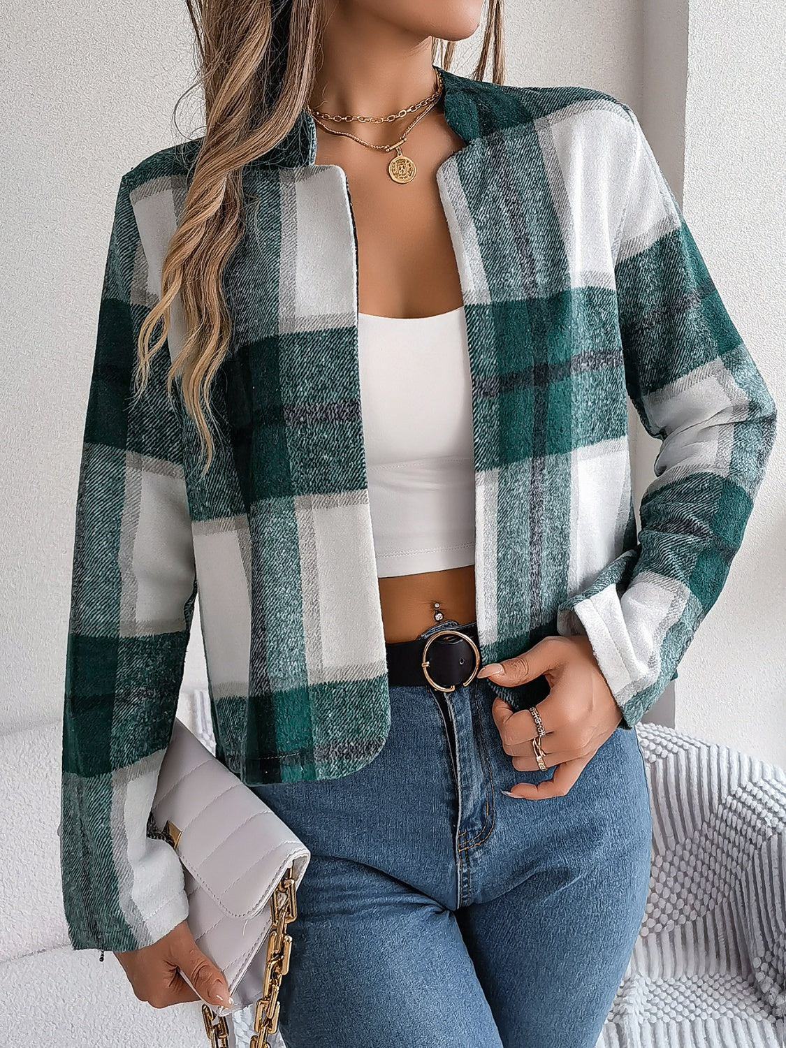 Plaid Open Front Long Sleeve Jacket - Charming Charlie