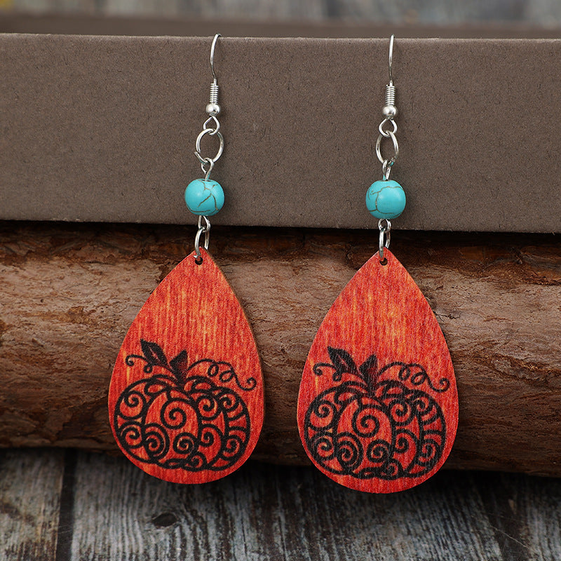 Turquoise Wooden Pumpkin Teardrop Earrings - Charming Charlie