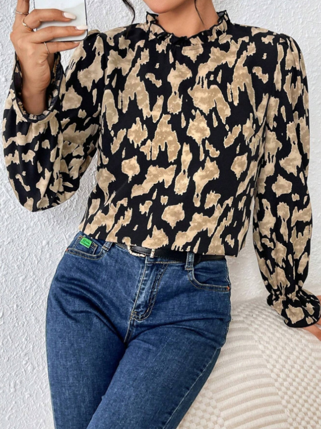 Frill Leopard Mock Neck Flounce Sleeve Blouse - Charming Charlie